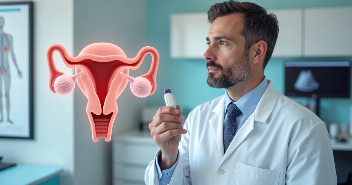 Médico segurando orquidômetro ao lado de ilustração de testículos em exame preventivo 