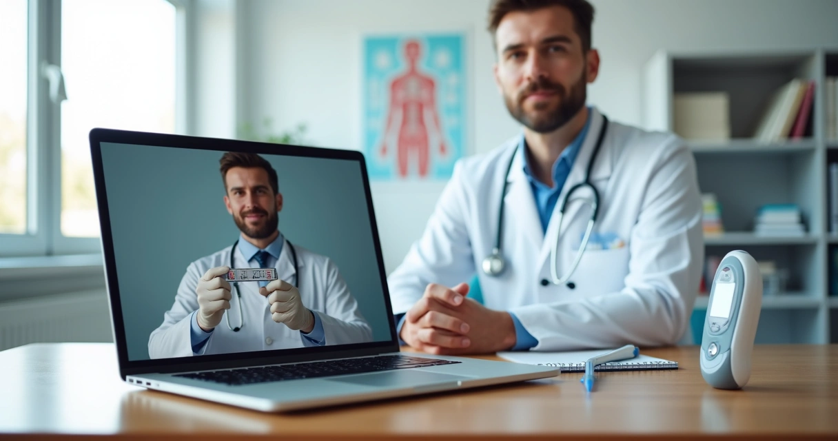 Médico usando orquidômetro em consulta de telemedicina na tela do laptop 