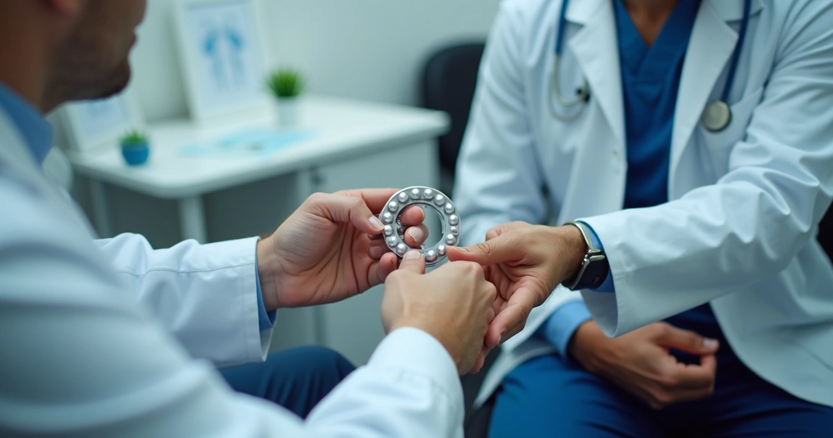 Médico segurando um orquidômetro ao lado de um paciente homem em consultório