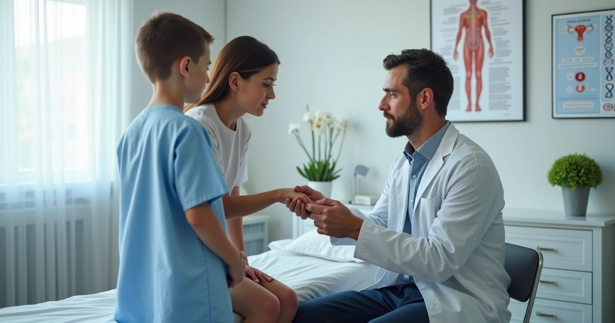 Médico usando orquidômetro para medir testículo de menino em consulta pediátrica 