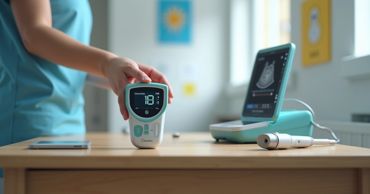 Equipamento médico orquidômetro e aparelho de ultrassom lado a lado em ambiente clínico pediátrico 