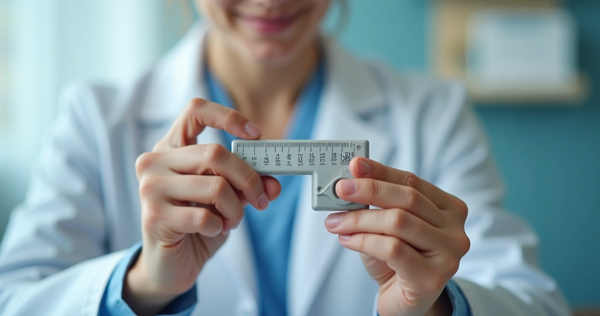 Pessoa segurando orquidômetro de Prader comparando com testículo modelo 