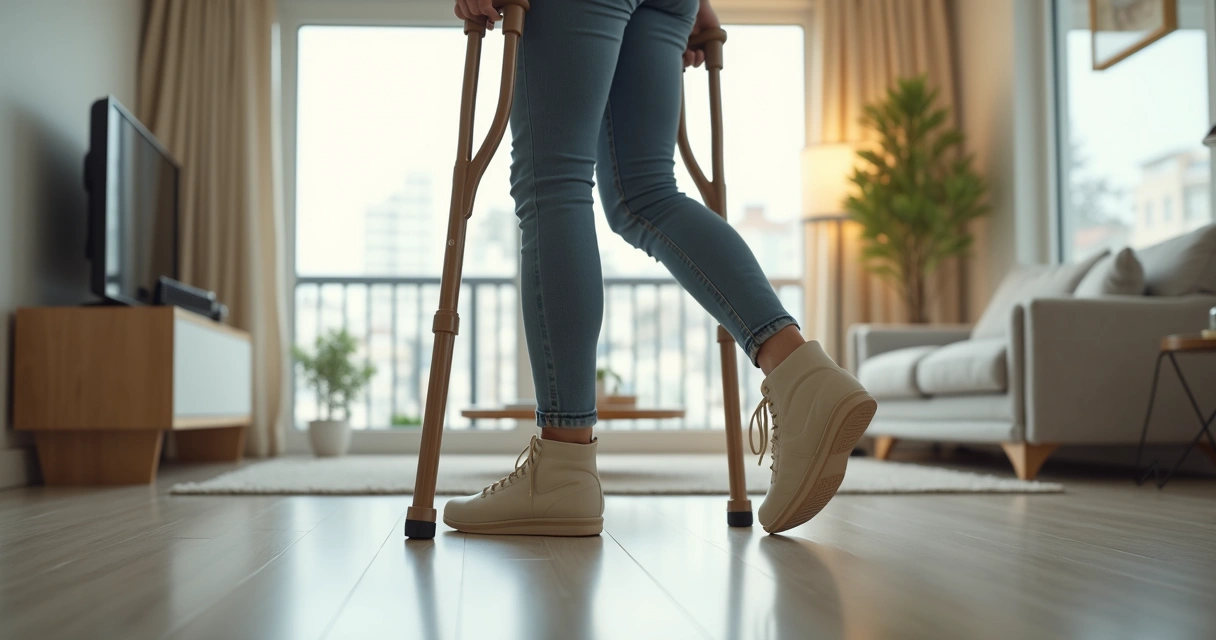 Person using orthopedic boot and crutches on apartment floor 