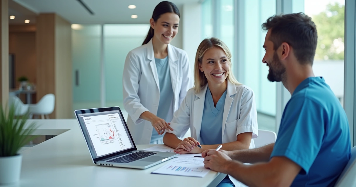 Ortodontista explicando plano de tratamento e financiamento para paciente em clínica moderna 