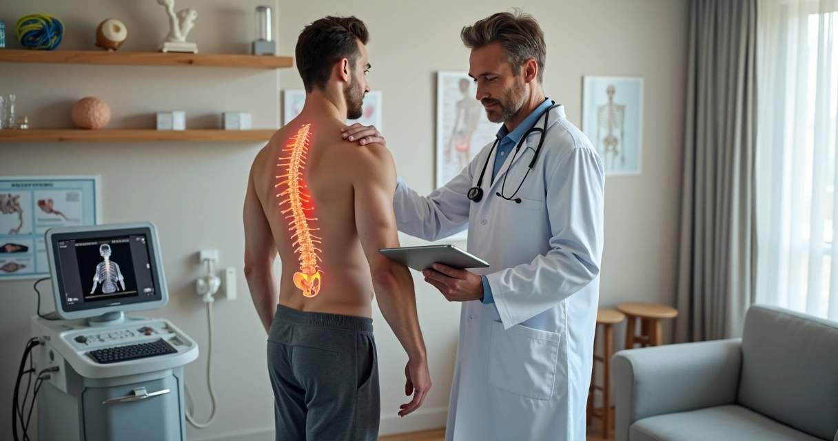 Médico ortopedista com formação em fisioterapia avaliando postura de paciente em consultório moderno 