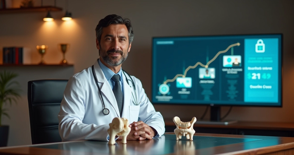Ortopedista em consultório moderno analisando modelos de joelho e quadril ao lado de tela com funil digital 
