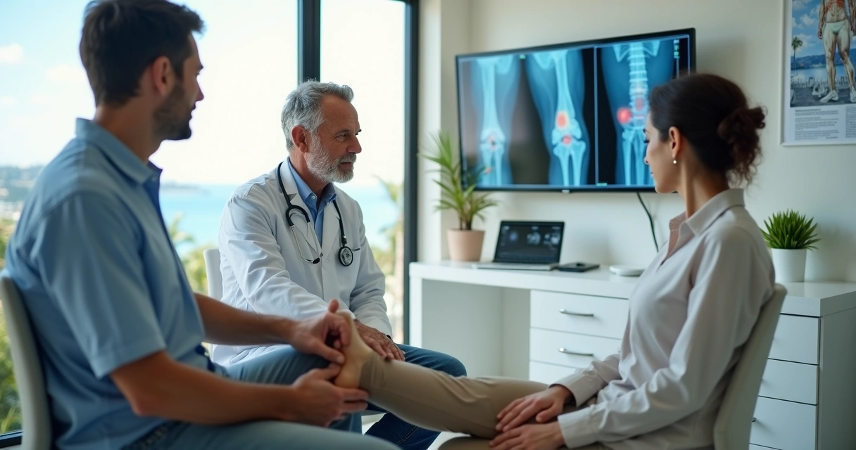 Ortopedista atendendo paciente com dor no joelho em consultório moderno em São Sebastião 