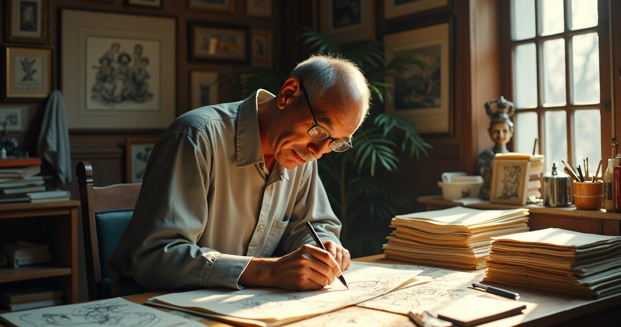 Osamu Tezuka desenhando em seu estúdio 