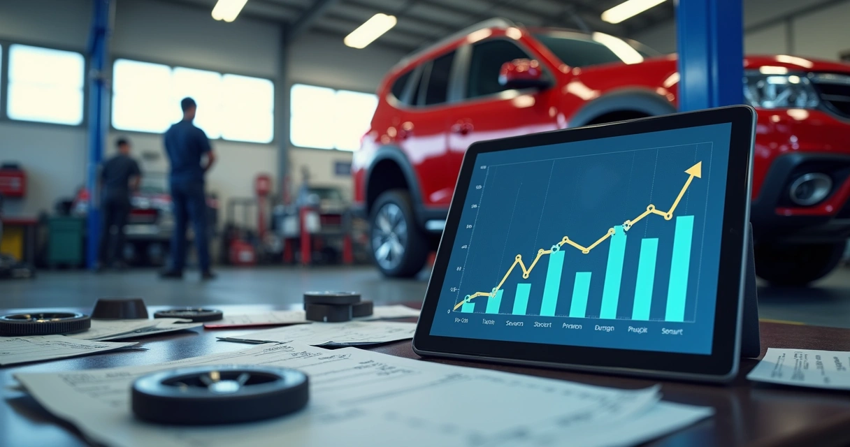 Gráfico irregular de faturamento com oficina ao fundo 