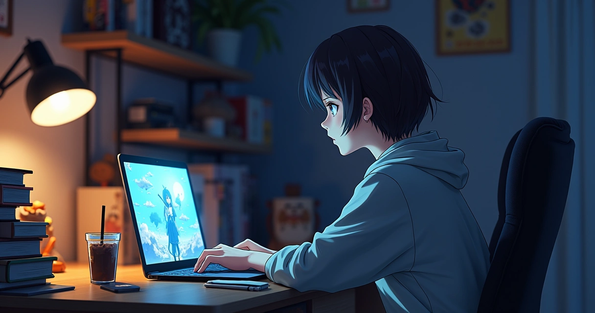 Fã assistindo anime no notebook, rodeado por mangás 