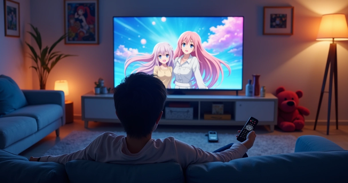Pessoa assistindo anime em uma Smart TV, com comandos remotos e snacks ao lado 