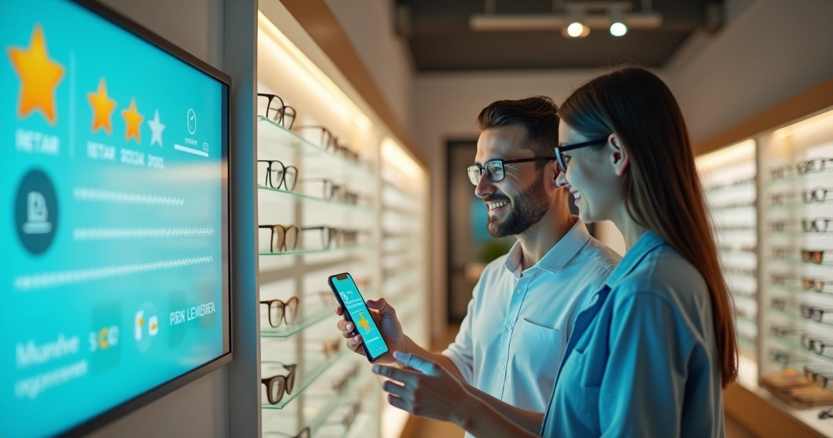 Clientes sorrindo em ótica moderna com avaliações positivas em destaque 