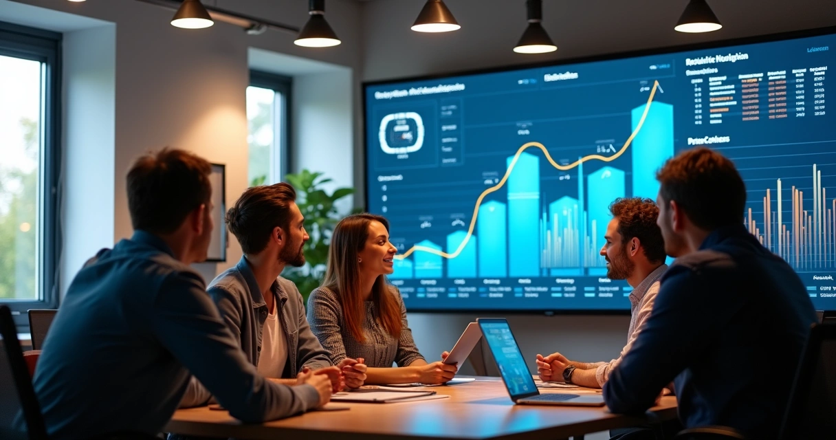 Equipe analisando gráficos de campanhas digitais no ecommerce 