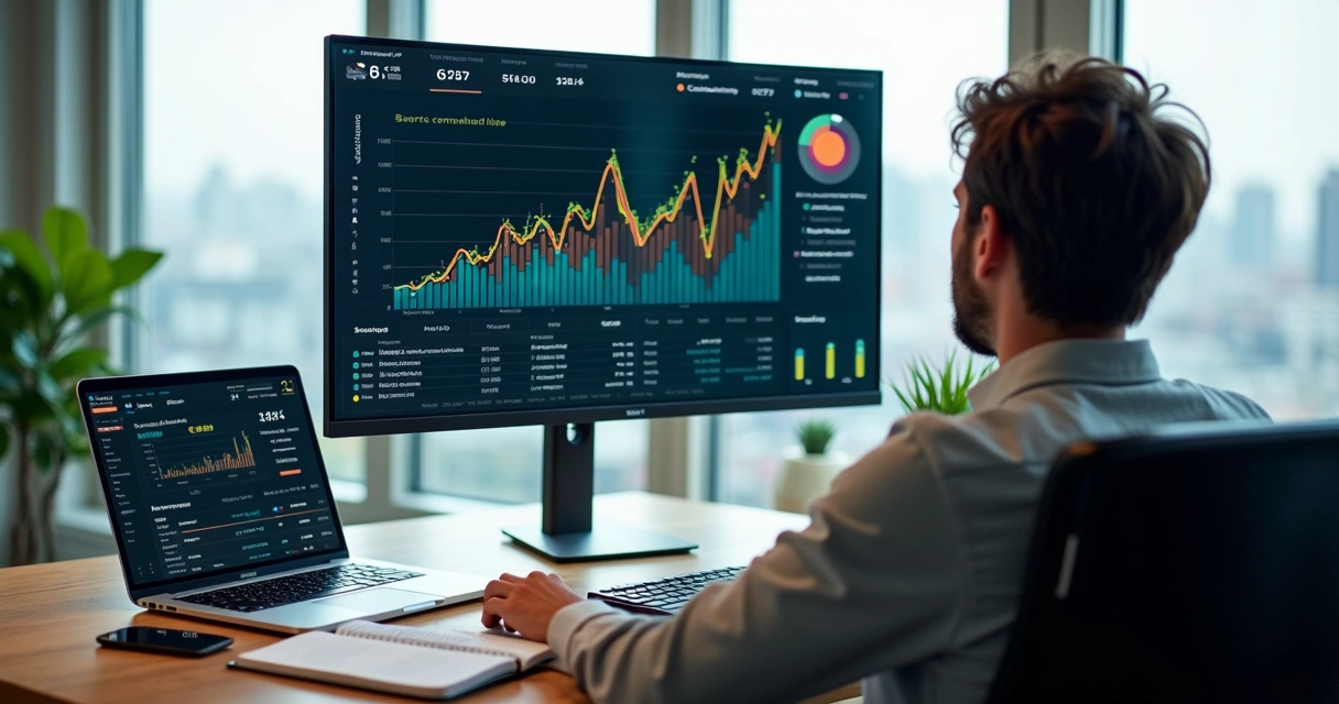 Afiliado analisando painel de campanhas digitais em tela com gráficos de desempenho 