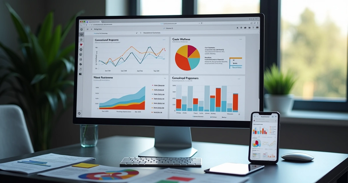 Tela de computador exibindo métricas de campanhas de mídia paga