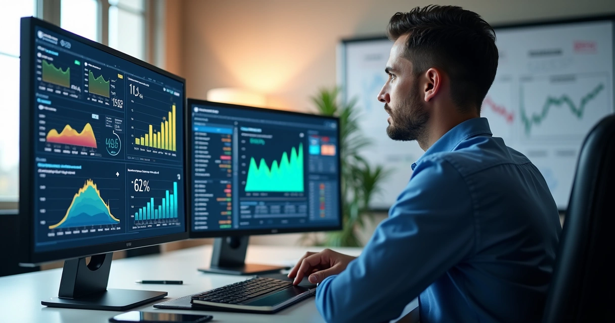 Profissional analisando dados de campanhas digitais exibidos em múltiplas telas com gráficos de performance e dashboards detalhados 