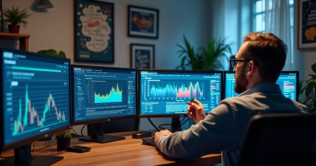 Gestor ajustando dados de campanhas digitais em vários monitores 