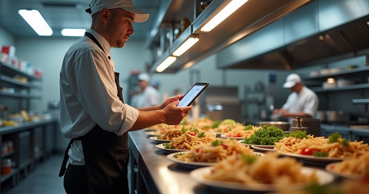 Cozinha profissional com chef ajustando cardápio digital no tablet, pratos bem apresentados em frente, ambiente moderno e iluminado 