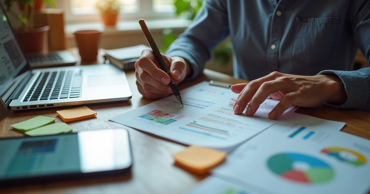 Profissional ajustando um texto em tela de múltiplos dispositivos digitais 