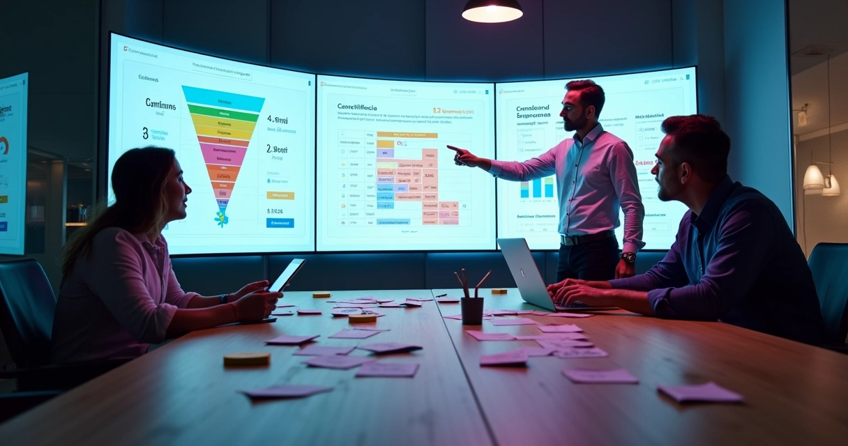 Equipe analisando funil de conversão de e-commerce em painel com gráficos e mapa de calor 