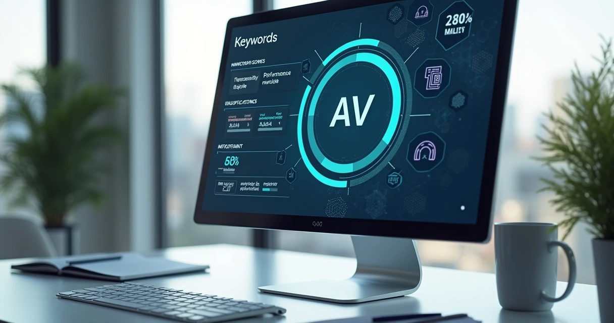 Tela de computador exibindo análise de currículo com destaque para palavras-chave e gráficos de desempenho para sistemas ATS 