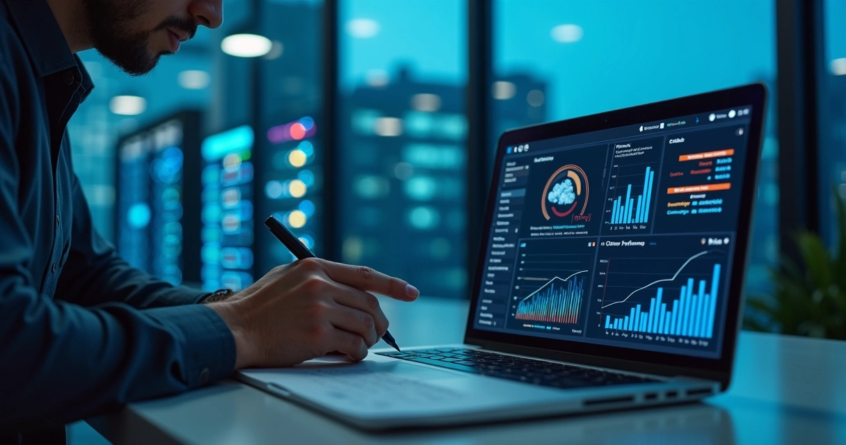 Profissional analisando painel de custos em nuvem com servidores ao fundo 