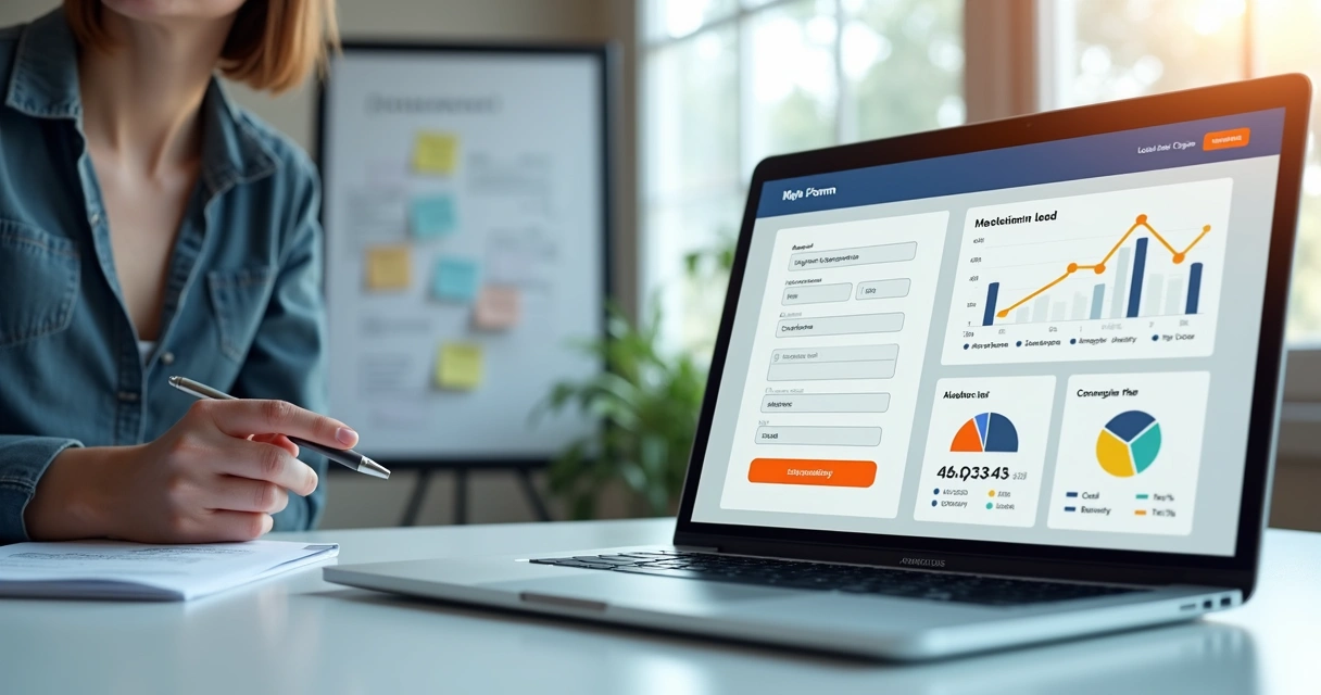 Profissional analisando formulário online otimizado em dashboard de leads 