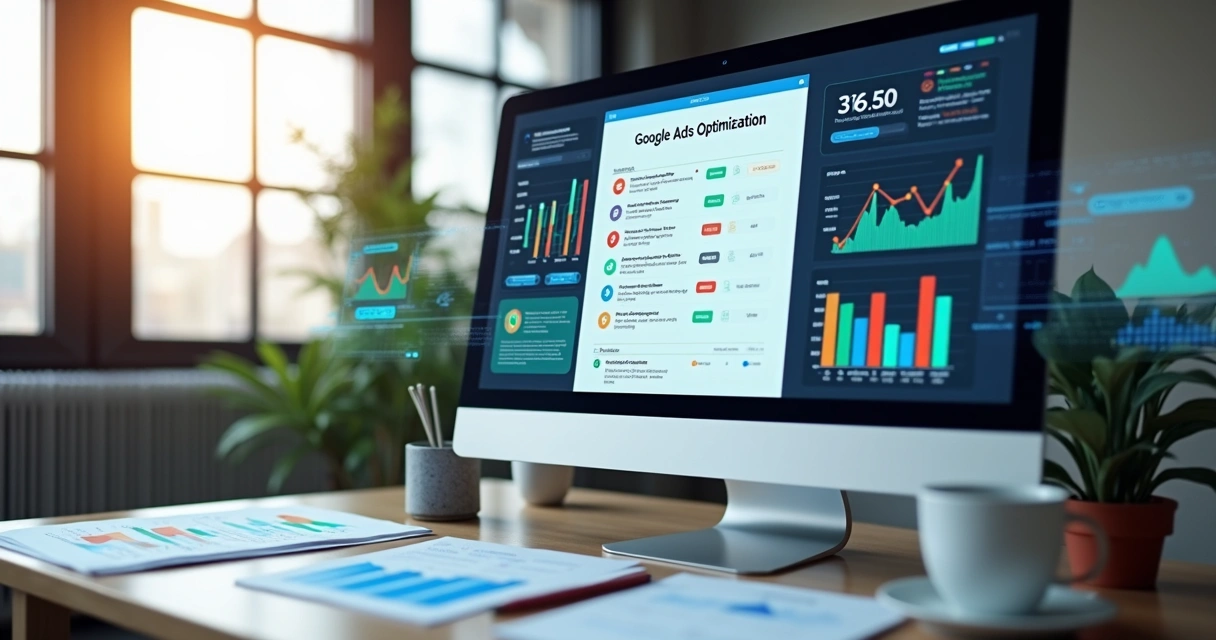 Tela de computador mostrando checklist de otimização de Google Ads com gráficos e dados ao redor 