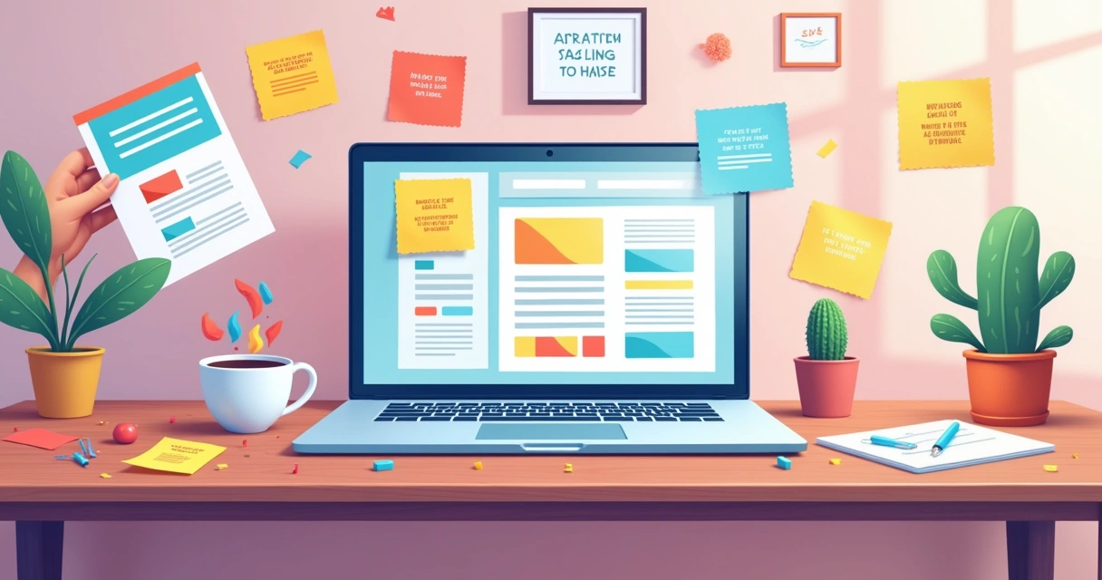 Ilustração de um espaço de trabalho vibrante para otimização de landing pages com laptop e anotações coloridas.