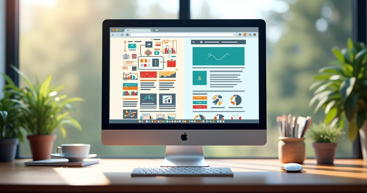 Tela de computador mostrando landing page com gráficos de desempenho ao lado