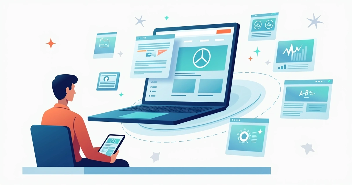 Ilustração de landing page de produto sendo analisada em telas flutuantes 