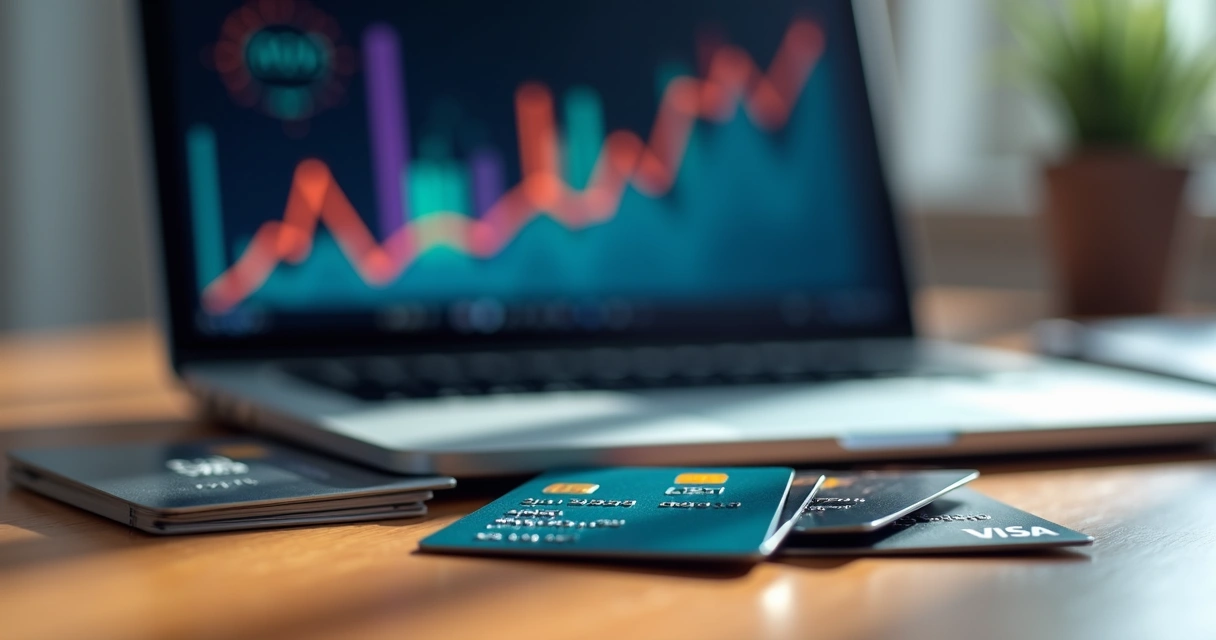 Cartões de crédito sobre mesa com gráficos financeiros e ícones de milhas ao fundo 