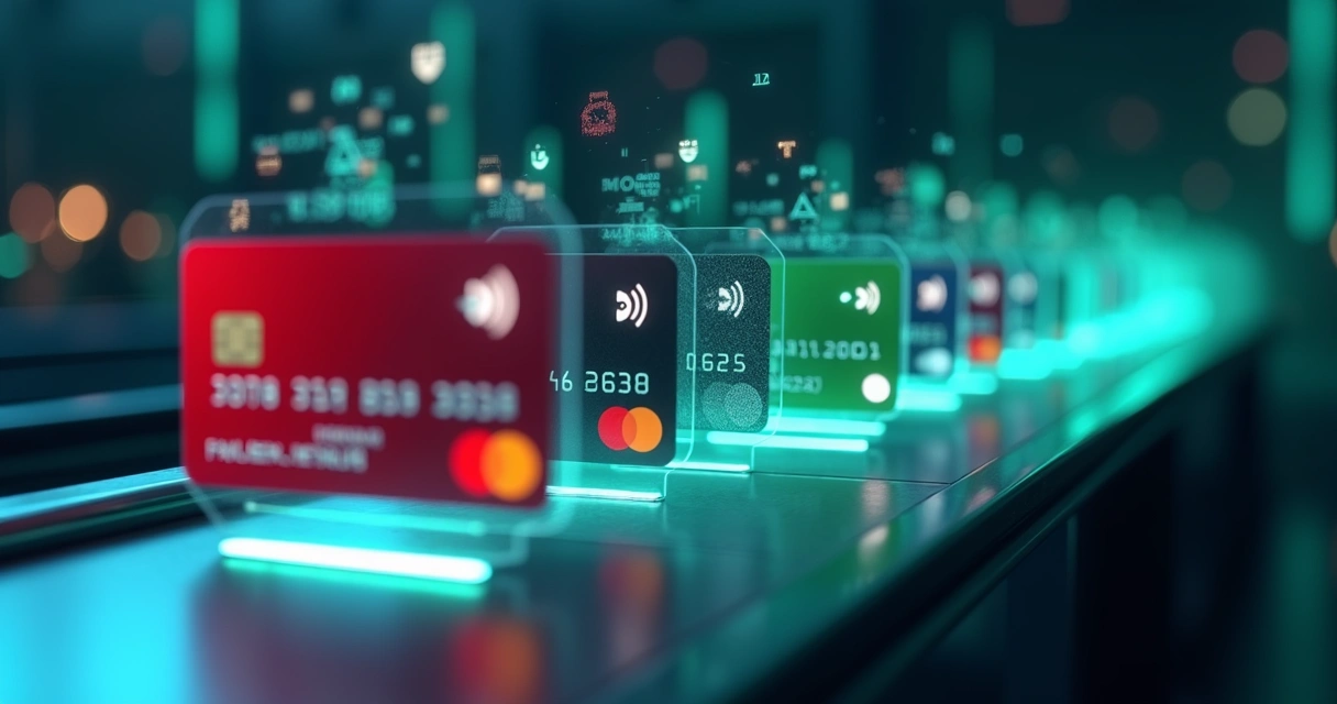 Cartões de crédito passando por portais digitais representando otimização de pagamentos 