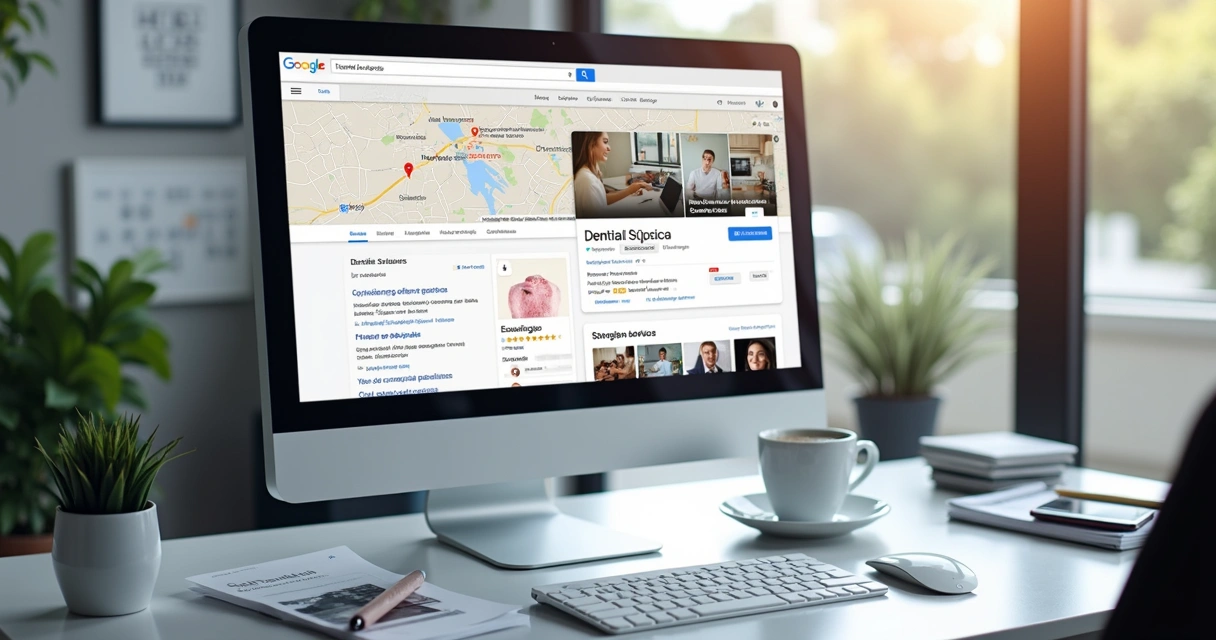 Tela detalhada de perfil do Google Meu Negócio sendo otimizado com dados locais para clínica odontológica 