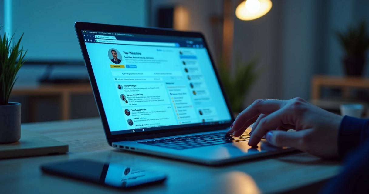 Perfil do LinkedIn exibido em tela com destaques em palavras-chave 