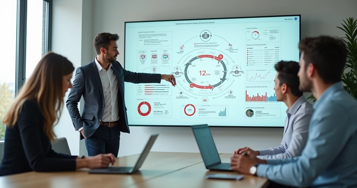 Equipe analisando fluxos de processos da empresa em painel digital com gráficos e integrações 