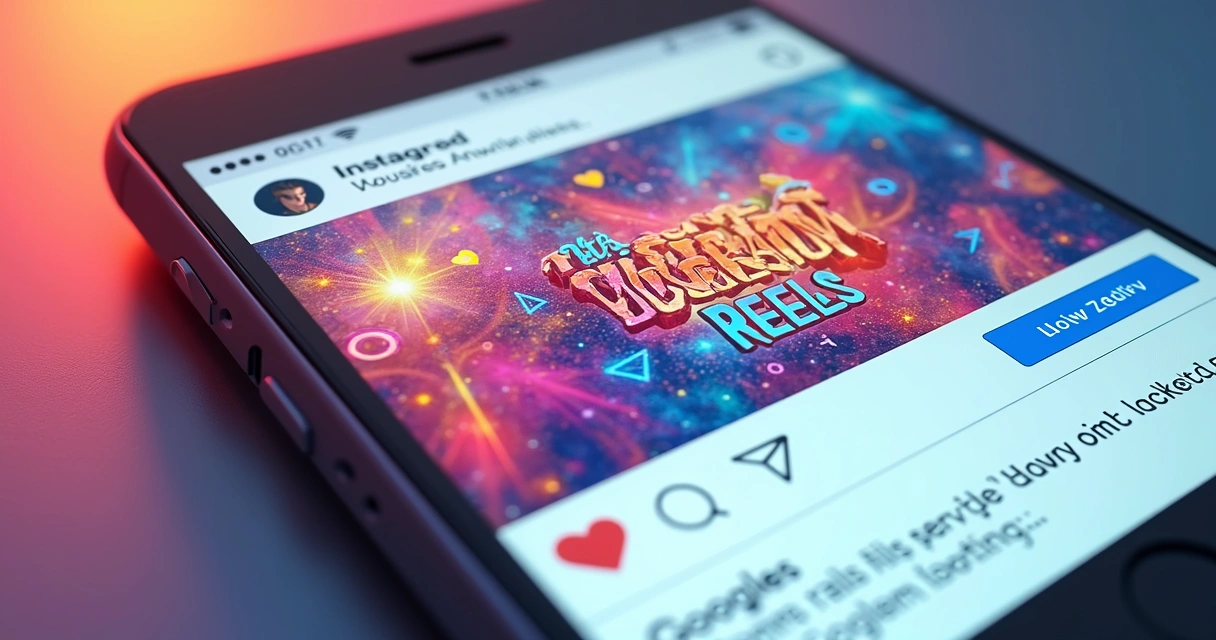 Ilustração de tela de smartphone exibindo Reels do Instagram com legendas e hashtags bem posicionadas