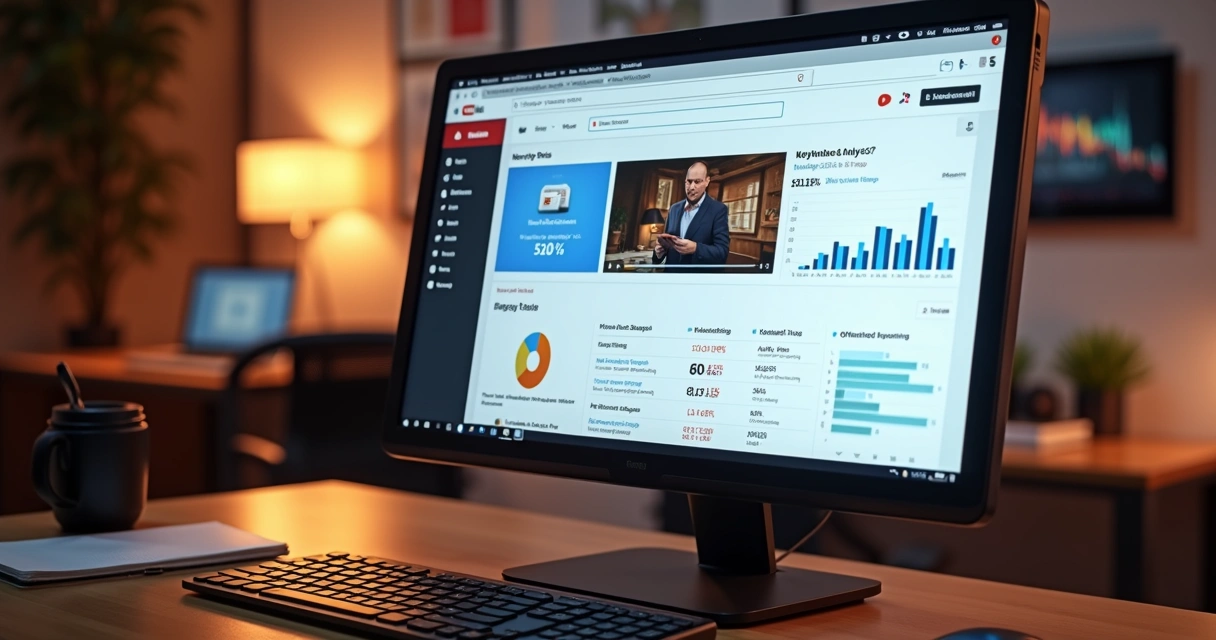 Tela de computador exibindo interface do YouTube com gráficos de desempenho e palavras-chave destacadas 
