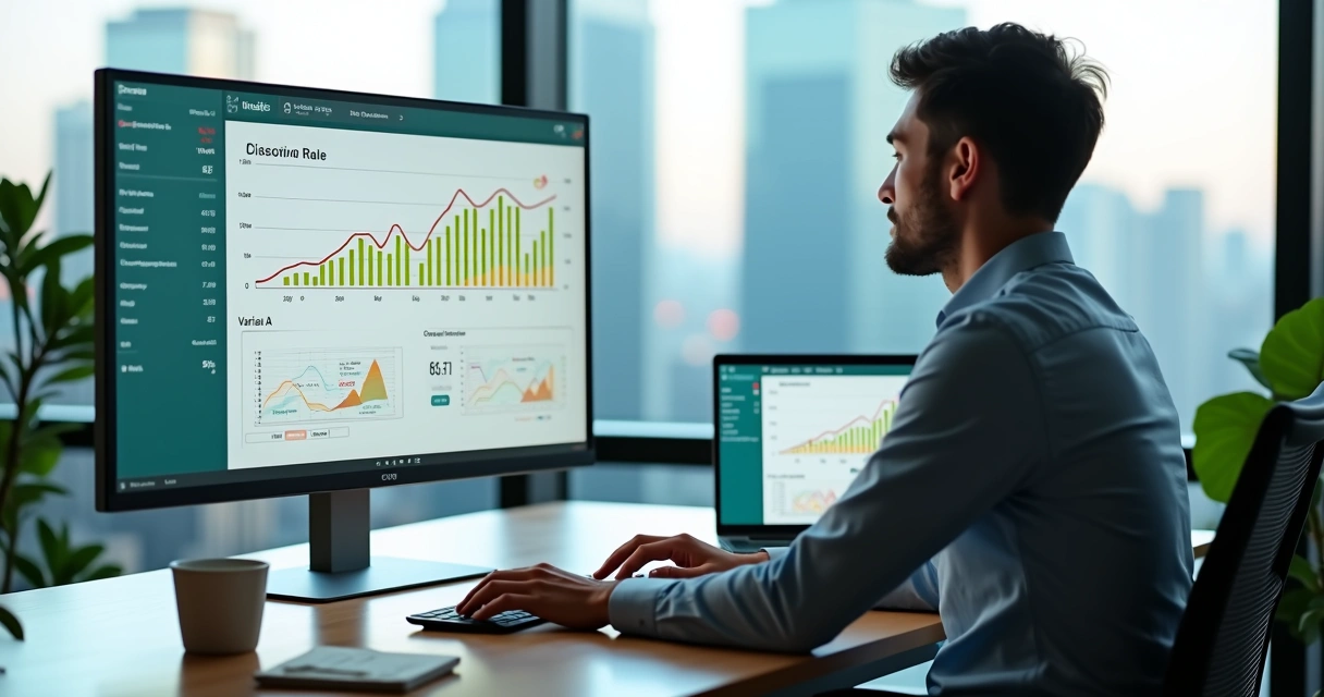Profissional de marketing analisando funil de conversao e testes A/B em dashboard de CRO 