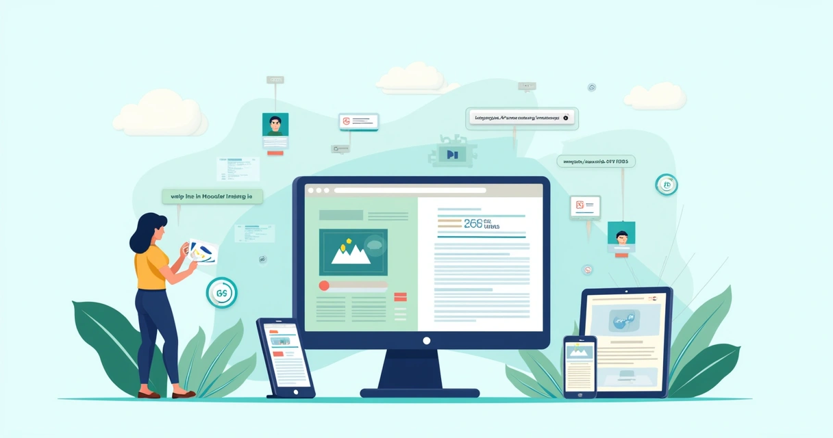 Ilustração de uma interface de website otimizável, exibindo otimização de imagens e design responsivo.