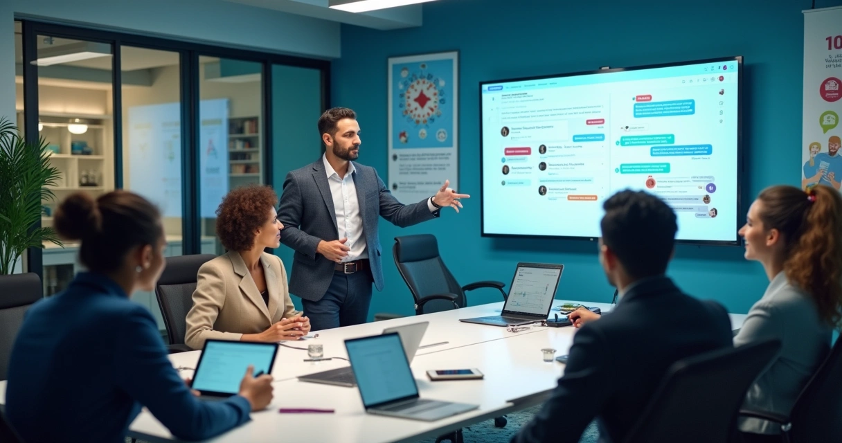 Um escritório moderno mostrando colaboração em tecnologia, com profissionais usando aplicativos de gestão e comunicação.