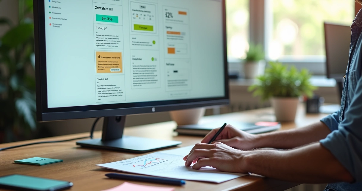 Profissional ajustando detalhes de interface de marketing digital em tela grande cheia de pequenas variações 