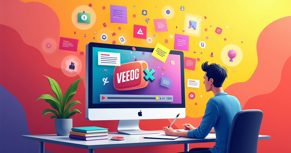 Ilustração de um criador de conteúdo no YouTube, com palavras-chave e título atrativo na tela.