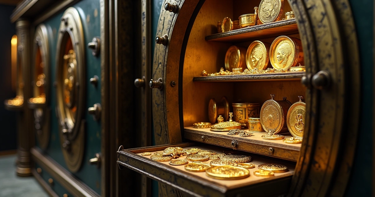 Peças antigas de ouro dentro de cofre aberto 