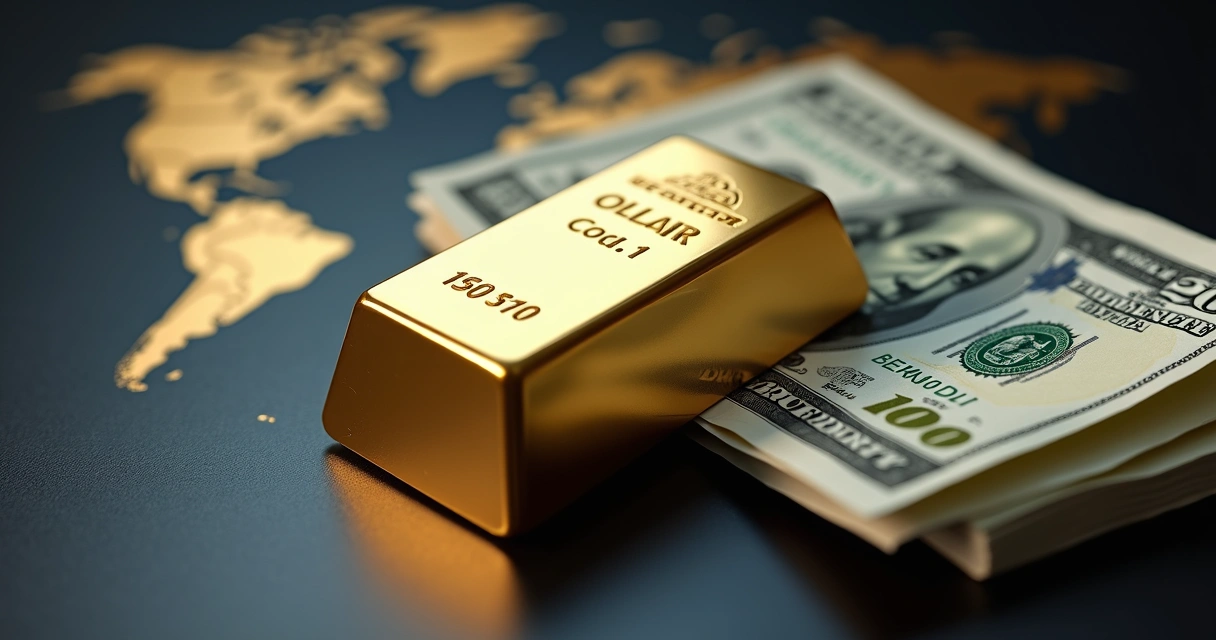Barra de ouro ao lado de notas de dólar em mesa escura 