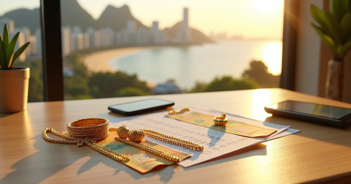 Pulseiras e colares de ouro sobre notas de real com vista borrada da praia no Rio ao fundo 