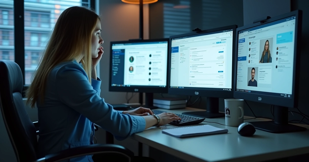 Profissional de vendas analisando telas de e-mail e LinkedIn em busca de leads SaaS B2B 