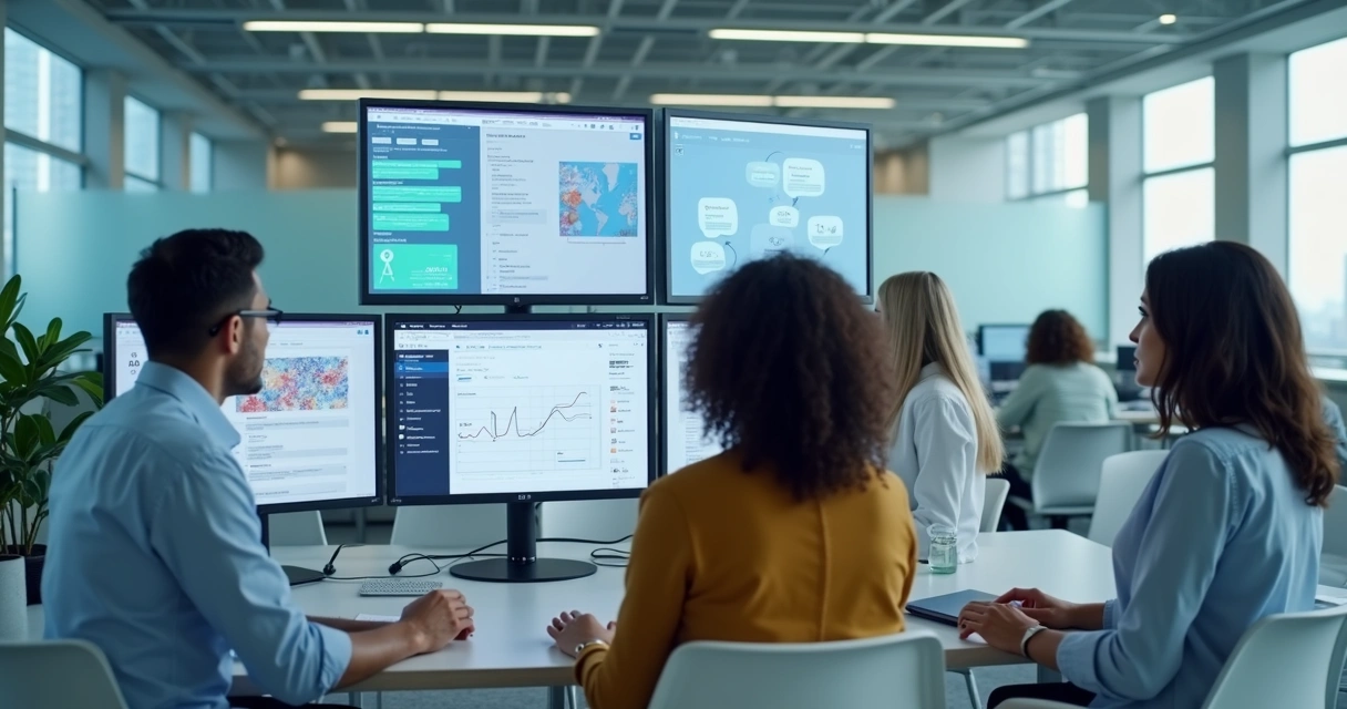 Equipe analisando listas automatizadas com IA em computadores 