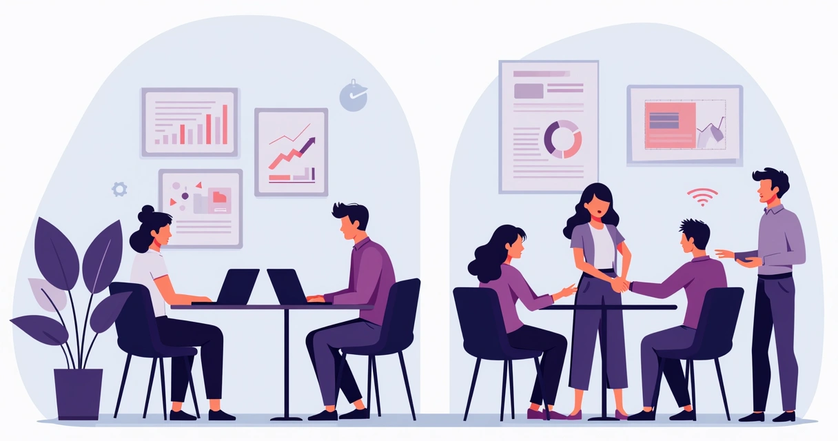 Comparison of internal sales team and external sales representatives, office desks on left and people shaking hands on right 