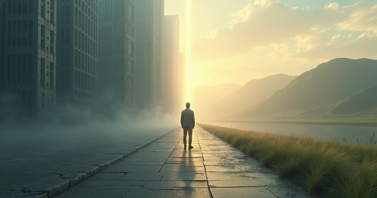 Person standing between a dark fragmented city and a bright expansive landscape 